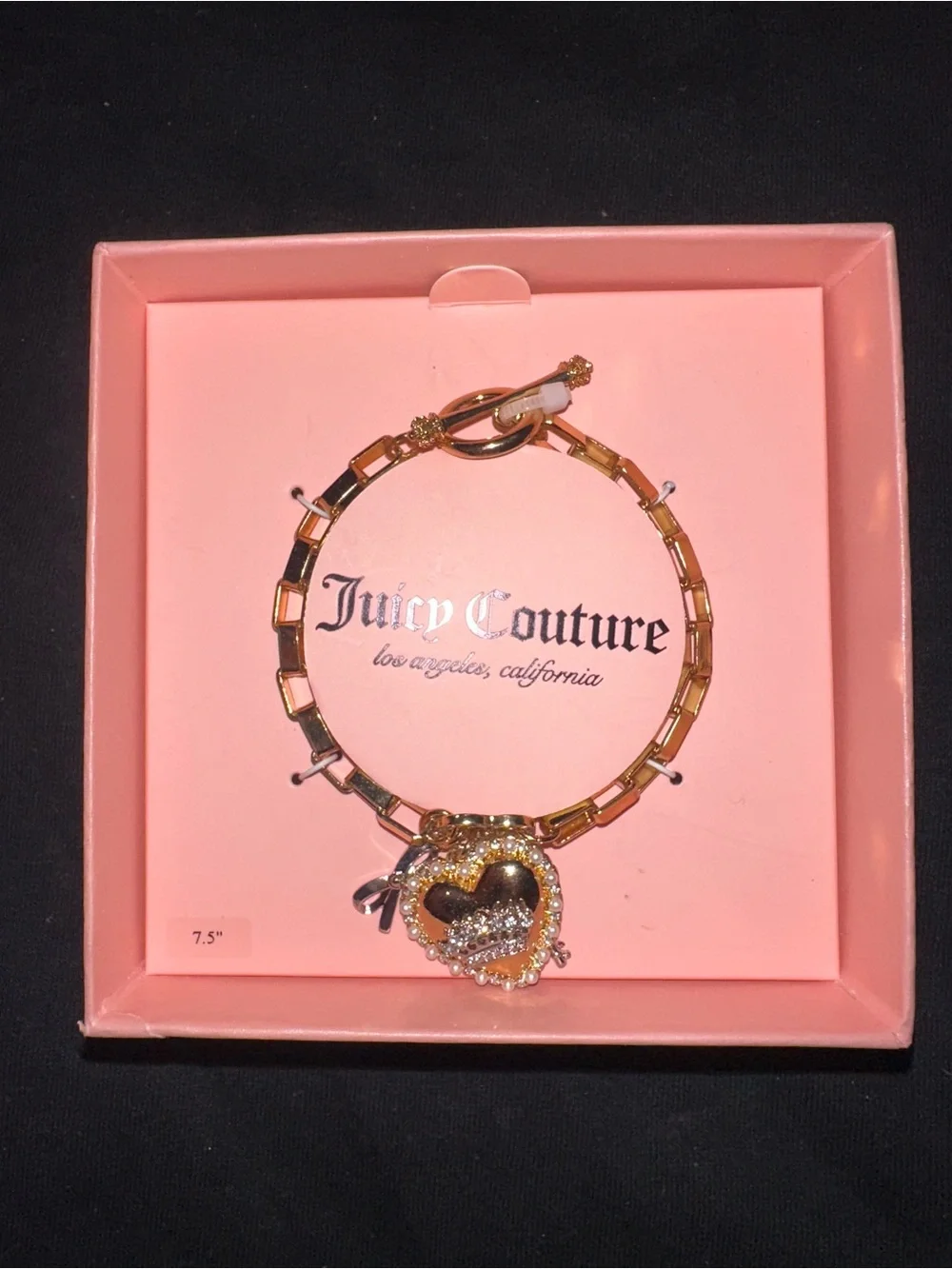 Juicy Couture Gold Heart Charm Bracelet with Crystal Accents